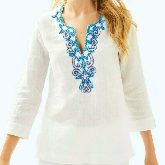 Lilly Pulitzer Amelia Island Embroidered Linen Tunic Top White Size Small - Picture 2 of 10